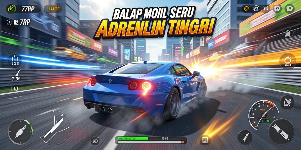 Gameplay seru 77RP dengan mobil balap di lintasan.