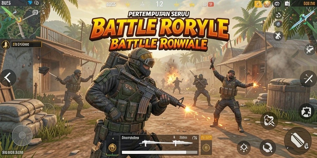 Tangkapan layar menggambarkan aksi seru dalam pertempuran Battle Royale.