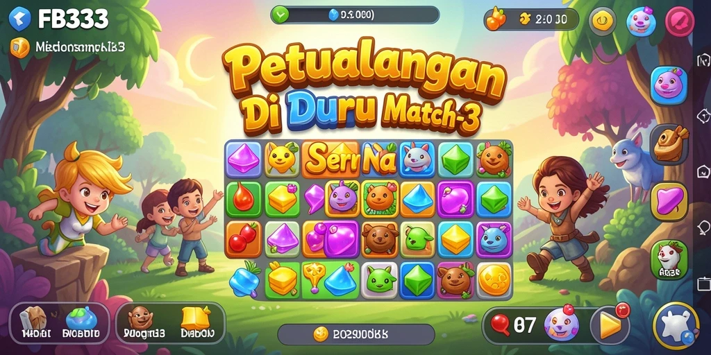 Gameplay FB333 menampilkan aksi mencocokkan permata yang penuh warna.