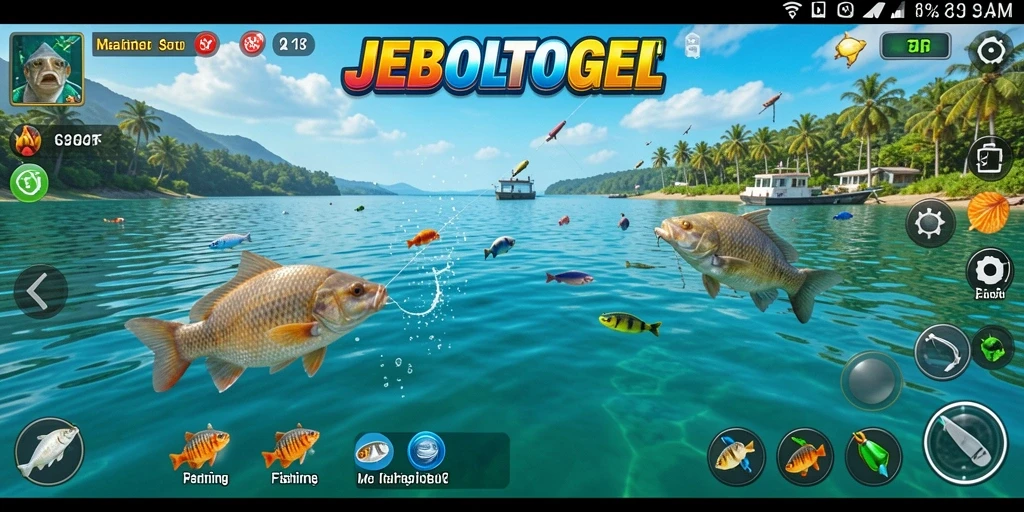 Tampilan gameplay menarik dari JEBOLTOGEL yang menampilkan suasana memancing.