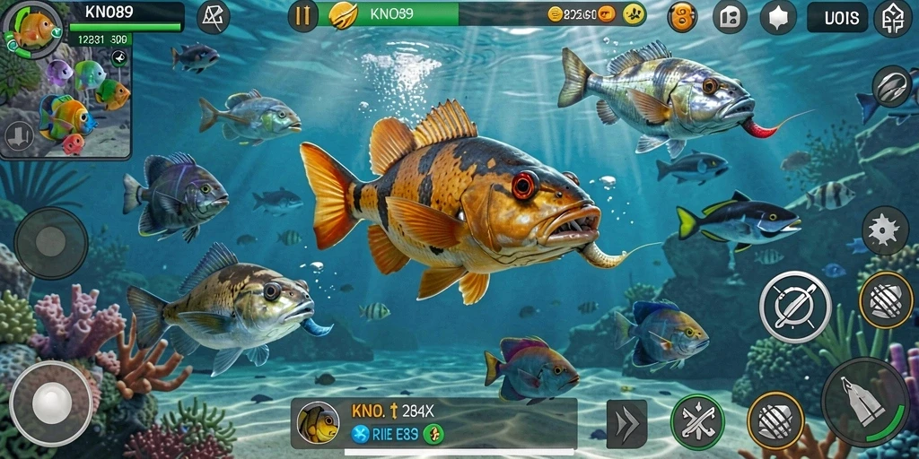 Screenshot KNO89 menunjukkan aksi seru menembak ikan.