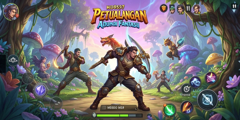 Screenshot gameplay KO857 menampilkan karakter dalam pertarungan epik di dunia fantasi.