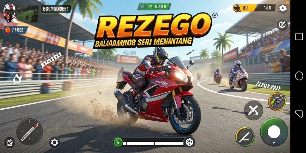Tampilan gameplay seru di REZEGO dengan motor balap cepat.