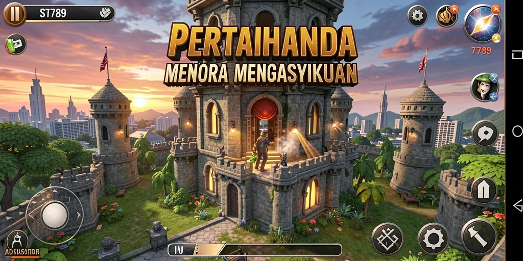 Gameplay dinamis ST789 dengan menara pertahanan melawan gelombang musuh.