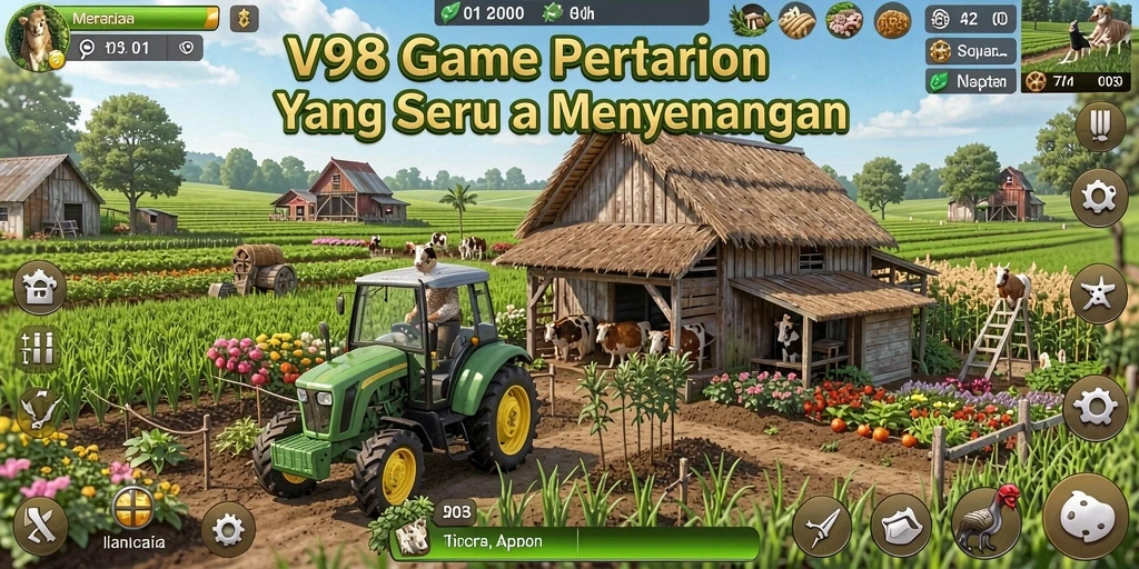 Tampilan gameplay V98 dengan aktivitas pertanian yang seru dan interaktif.