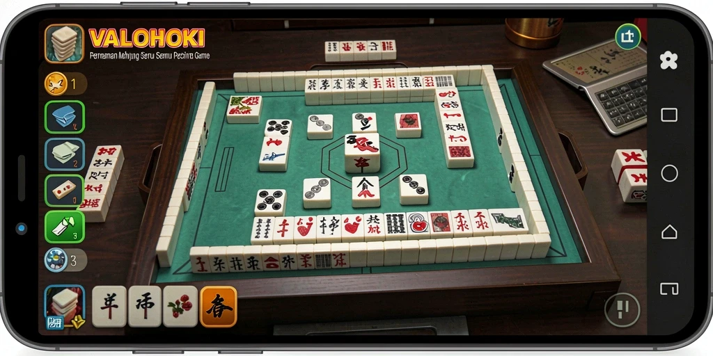 Tampilan gameplay seru dan menantang di VALOHOKI dengan ubin Mahjong berwarna-warni.