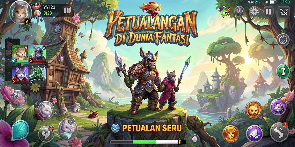 Screenshot menunjukkan karakter utama menjelajahi hutan misterius di YY123.